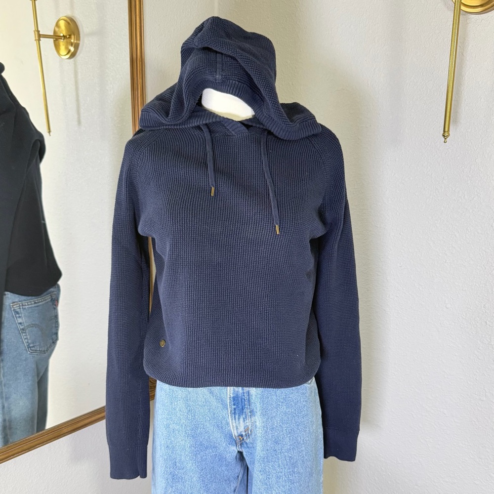 Ralph Lauren Navy Blue Waffle Knit Cowl Neck Hoodie L Coastal Preppy Minimalist